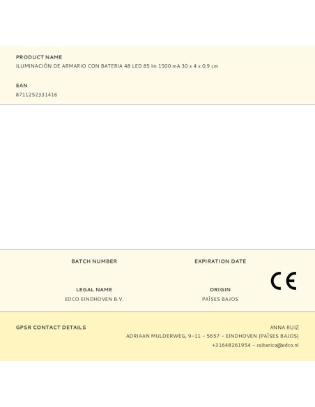 Iluminación de armario con bateria 48 led 85 lm 1500 ma 30 x 4 x 0,9 cm