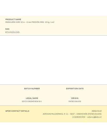 Manguera aire 10 m - 6 mm presión máx. 10 kg / cm2