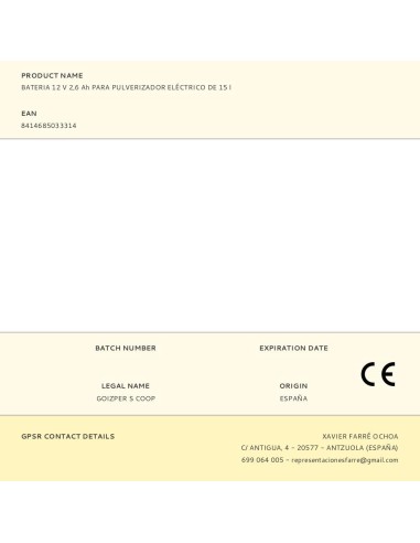 Bateria 12 v 2,6 ah para pulverizador eléctrico...