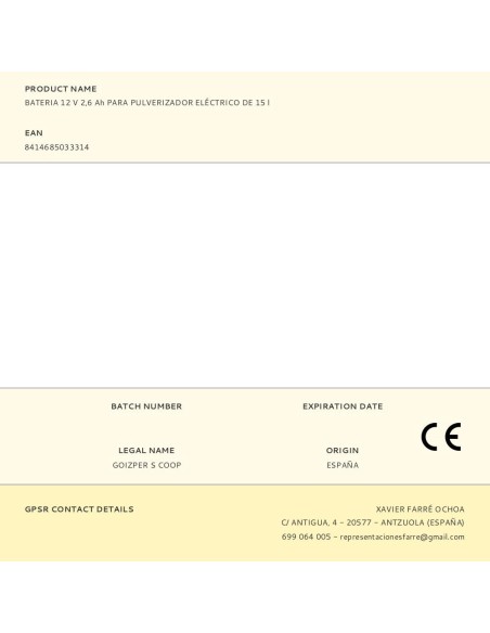 Bateria 12 v 2,6 ah para pulverizador eléctrico de 15 l