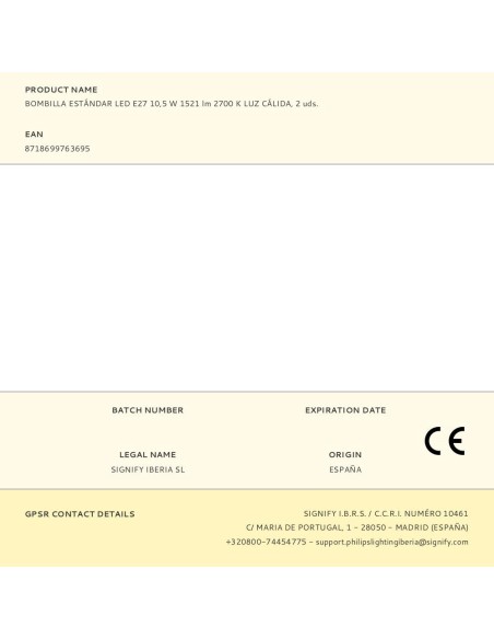 Bombilla estándar led e27 10,5 w 1521 lm 2700 k luz cálida, 2 uds.