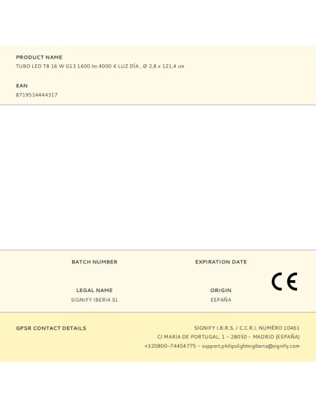 Tubo led t8 16 w g13 1600 lm 4000 k luz día , ø 2,8 x 121,4 cm