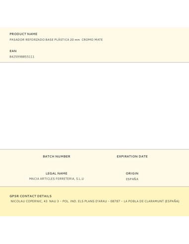 Pasador reforzado base plástica 20 mm cromo mate