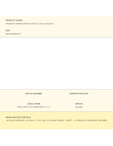 Pasador cerrojo base plástica. 50 mm blanco