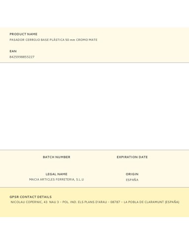 Pasador cerrojo base plástica 50 mm cromo mate