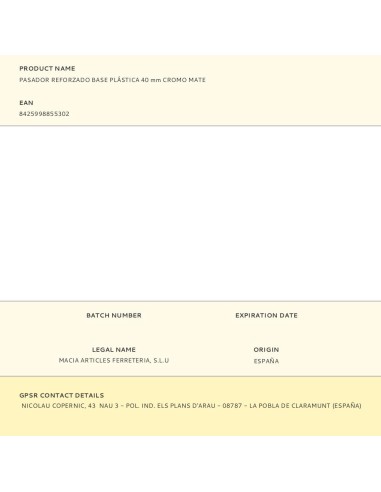 Pasador reforzado base plástica 40 mm cromo mate