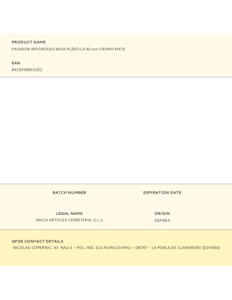 Pasador reforzado base plástica 40 mm cromo mate