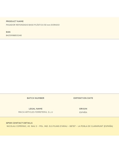 Pasador reforzado base plástica 50 mm dorado