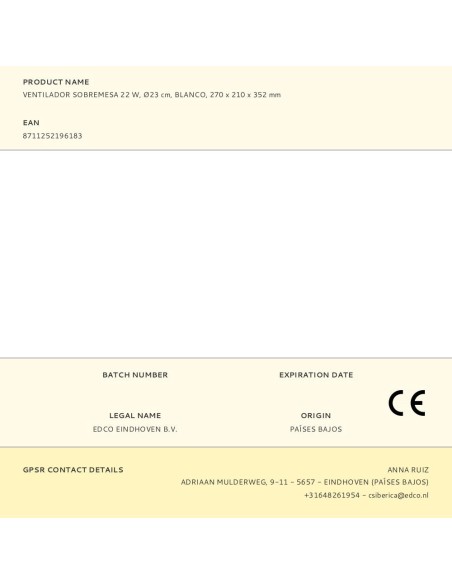 Ventilador sobremesa 22 w, ø23 cm, blanco, 270 x 210 x 352 mm