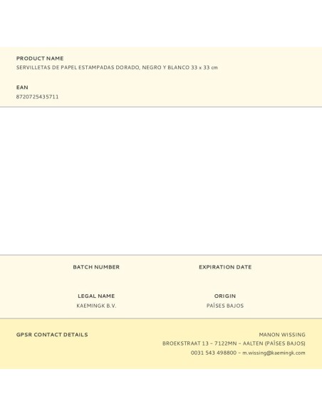 Servilletas de papel estampadas dorado, negro y blanco 33 x 33 cm