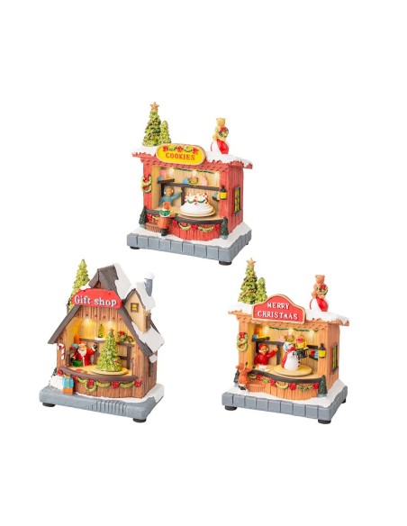 Escena navideña con movimiento y luz, temática de tiendas, modelos variados 14,30 x 10,00 x 17,50 cm