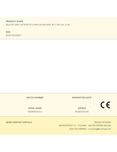 Vela de cera led efecto llama color gris, ø2 x 24,5 cm, 2 uds