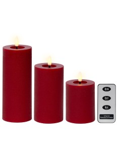 Vela de cera led color rojo, acabado rústico, ø7 cm con diferentes alturas, 3 uds