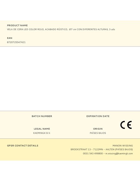 Vela de cera led color rojo, acabado rústico, ø7 cm con diferentes alturas, 3 uds