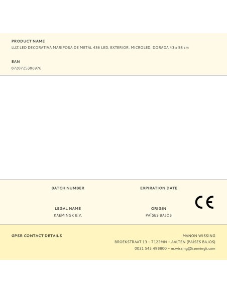 Luz led decorativa mariposa de metal 436 led, exterior, microled, dorada 43 x 58 cm