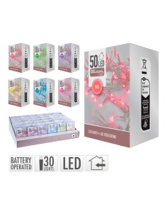 Guirnalda a pilas, función fija, 50 leds, cable transparente, colores surtidos, interior, 5 m