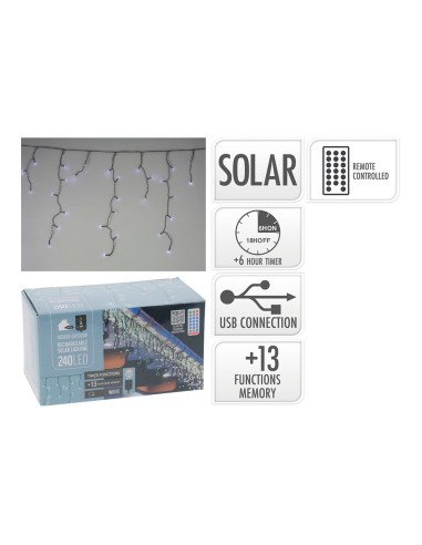 Cortina solar recargable, 240 leds, multifunción, luz fría, exterior, 8 m