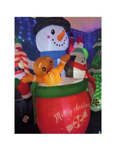 Muñeco de nieve hinchable en taza con pingüino y galleta de jengibre