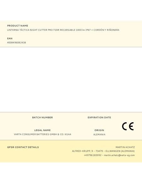 Linterna táctica night cutter pro f20r recargable 1000 lm ip67 + cordón y riñonera