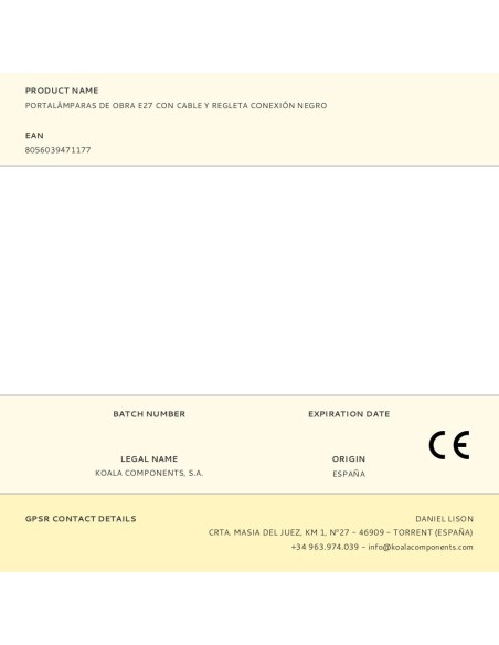 Portalámparas de obra e27 con cable y regleta conexión negro