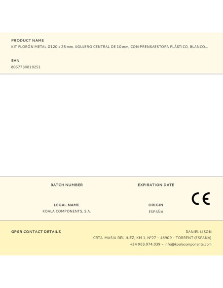 Kit florón metal ø120 x 25 mm, agujero central de 10 mm, con prensaestopa plástico, blanco mate