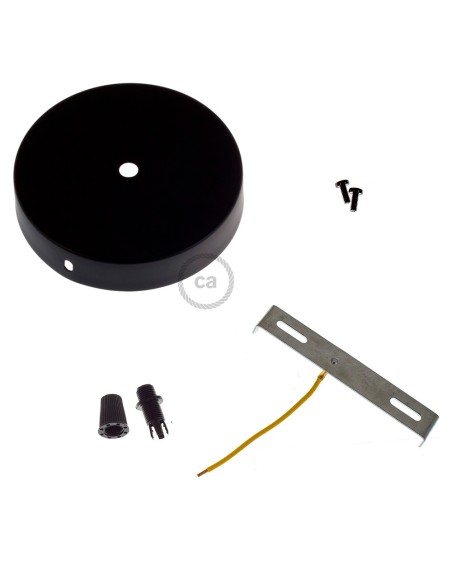 Kit florón metal ø120 x 25 mm, agujero central de 10 mm, con prensaestopa plástico, negro mate Kit florón metal ø120 x 25 mm, agujero central de 10 mm, con prensaestopa plástico, negro mate