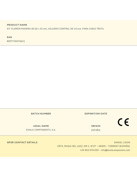 Kit florón madera ø120 x 32 mm, agujero central de 10 mm, para cable téxtil