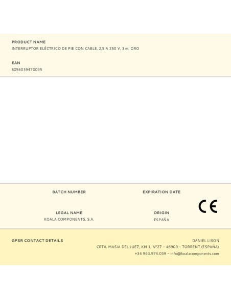 Interruptor eléctrico de pie con cable, 2,5 a 250 v, 3 m, oro