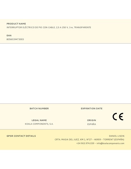 Interruptor eléctrico de pie con cable, 2,5 a 250 v, 3 m, transparente
