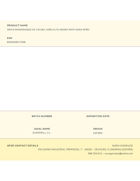 Grifo monomando de cocina caño alto negro mate serie miño