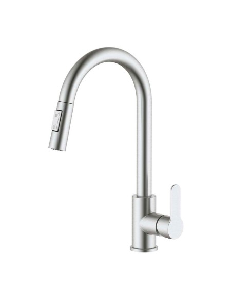 Grifo monomando de cocina caño alto extraíble plateado mate serie miño