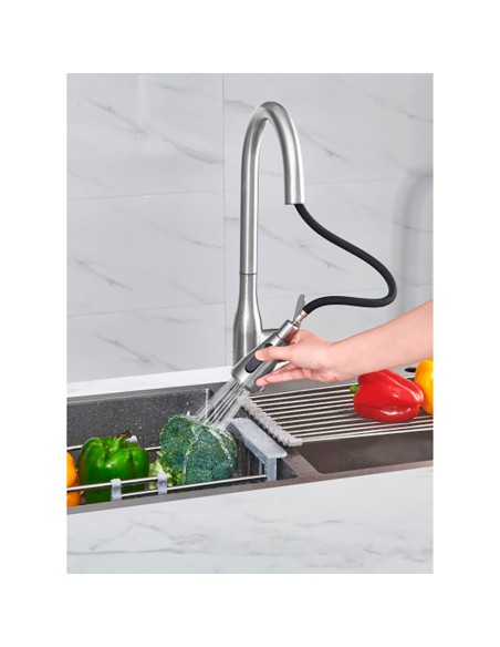 Grifo monomando de cocina caño alto plateado cepillado serie trazo