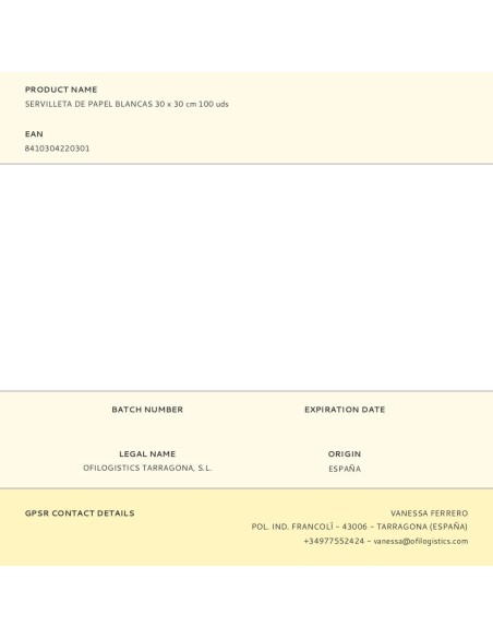 Servilletas de papel blancas 30 x 30 cm, 100 uds