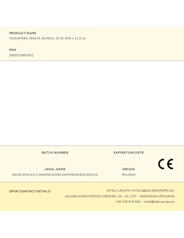 Yogurtera cr4519, blanca, 20 w, ø24 x 11,5 cm