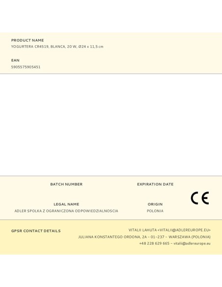 Yogurtera cr4519, blanca, 20 w, ø24 x 11,5 cm