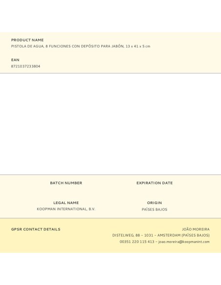 Pistola de agua, 8 funciones con depósito para jabón, 13 x 41 x 5 cm