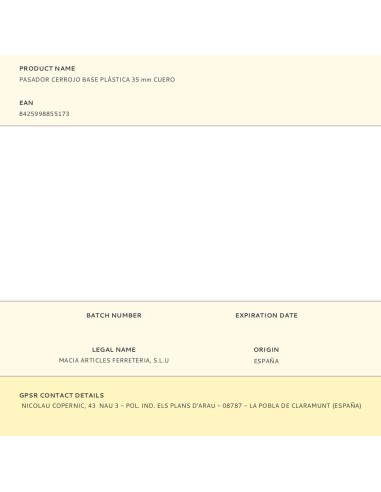 Pasador cerrojo base plástica 35 mm cuero