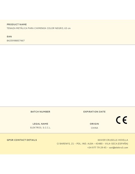 Tenaza metálica para chimenea color negro, 63 cm