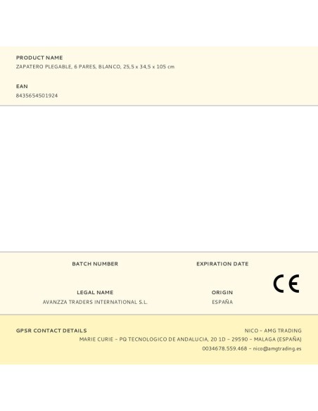 Zapatero plegable, 6 pares, blanco, 25,5 x 34,5 x 105 cm