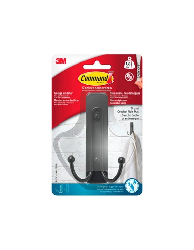 Gancho doble, grande, negro mate, 1 ud + 2 tiras, máx 1,8 kg