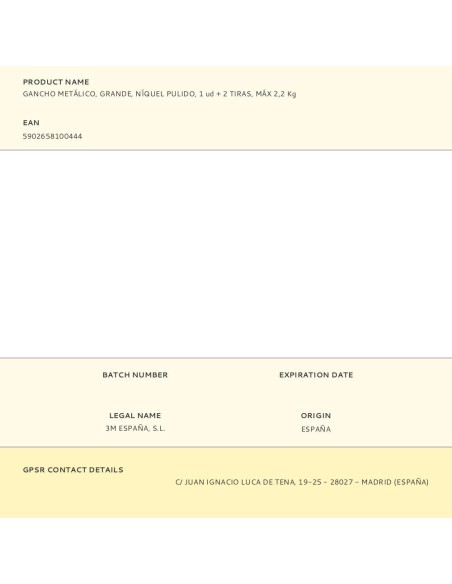 Gancho metálico, grande, níquel pulido, 1 ud + 2 tiras, máx 2,2 kg