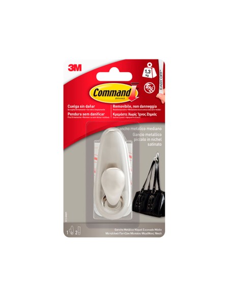 Gancho metálico, mediano, níquel pulido, 1 ud + 2 tiras, máx 1,3 kg