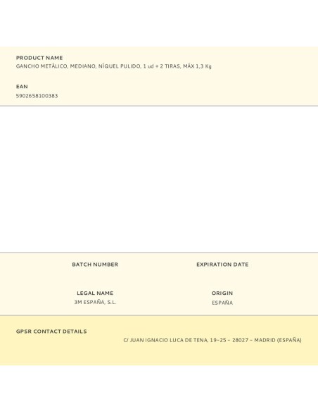 Gancho metálico, mediano, níquel pulido, 1 ud + 2 tiras, máx 1,3 kg