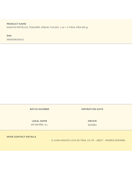 Gancho metálico, pequeño, níquel pulido, 1 ud + 2 tiras, máx 450 gr