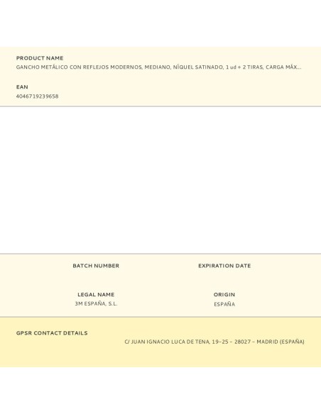 Gancho metálico con reflejos modernos, mediano, níquel satinado, 1 ud + 2 tiras, carga máx 1,3 kg