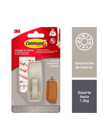 Gancho mediano, níquel pulido, 29 x 79 x 29 mm, 1 uds + 2 tiras, max 1,3 kg