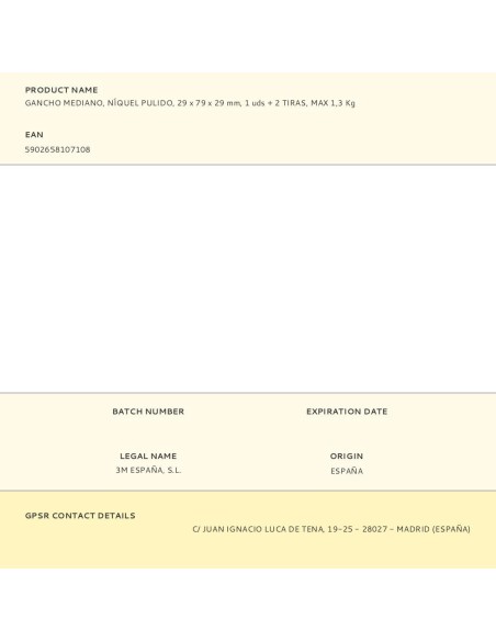 Gancho mediano, níquel pulido, 29 x 79 x 29 mm, 1 uds + 2 tiras, max 1,3 kg