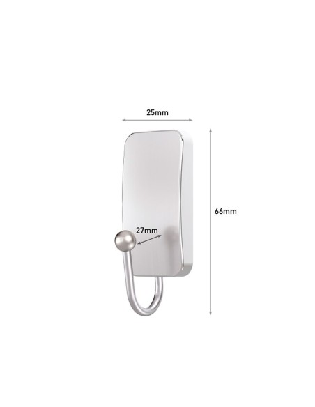 Gancho metálico, pequeño, níquel satinado, 25 x 66 x 25 mm, 1 ud + 2 tiras, máx 450 g