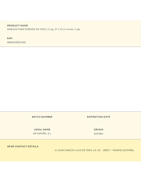 Gancho para paredes de yeso, 11 kg, 27 x 31,5 x 4 mm, 2 uds