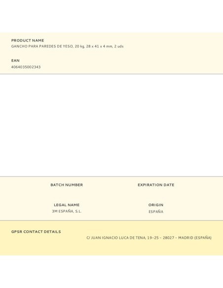 Gancho para paredes de yeso, 20 kg, 28 x 41 x 4 mm, 2 uds